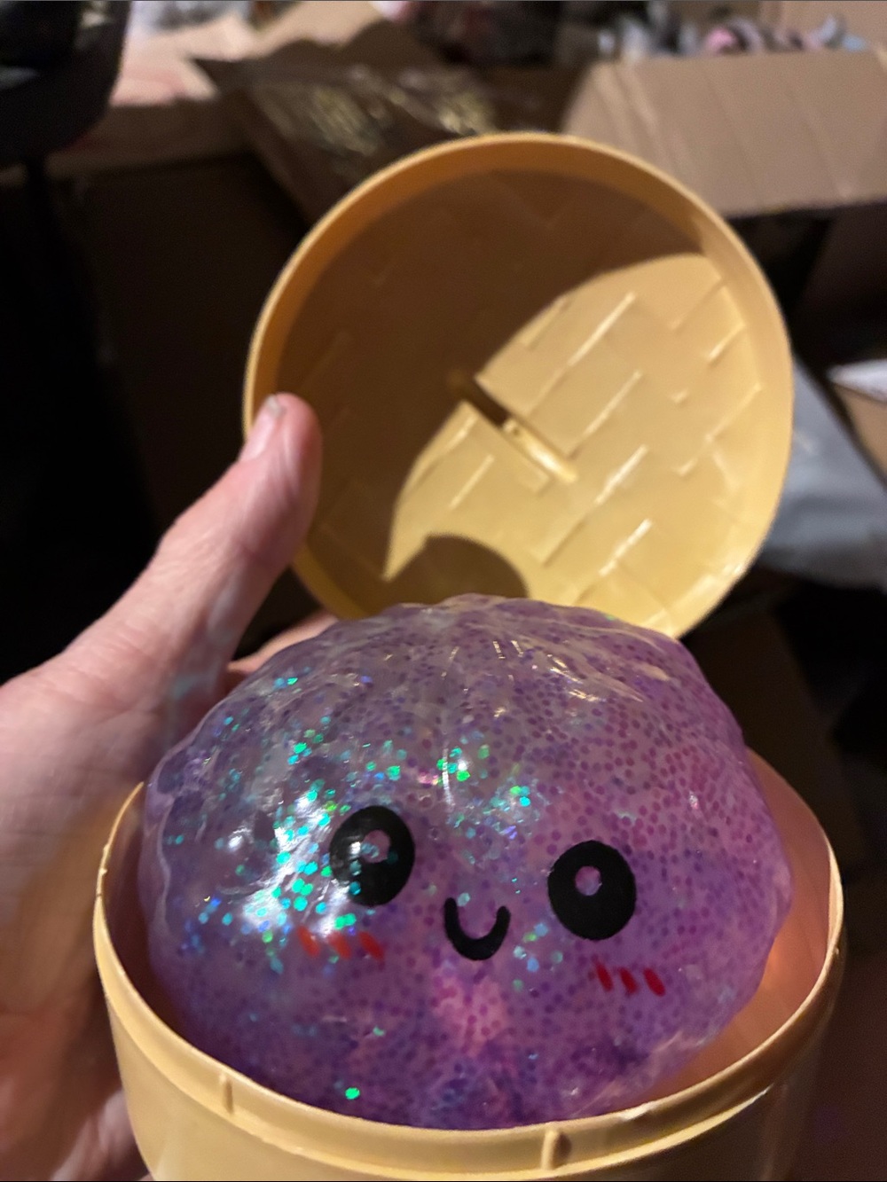 Purple Glitter Squishy Slime Toy with Cute Face
